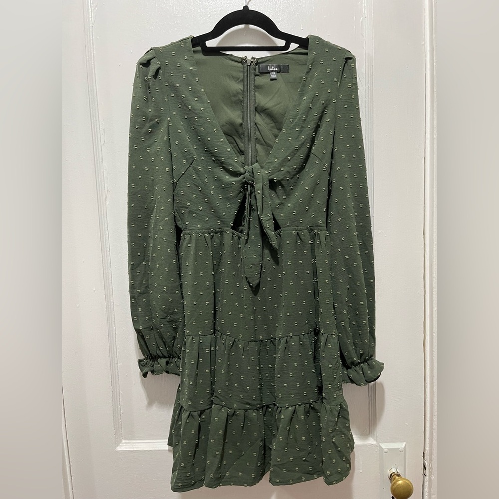 Lulus Darling Personality Olive Green Swiss Dot Tie Front Mini Dress - Size XS